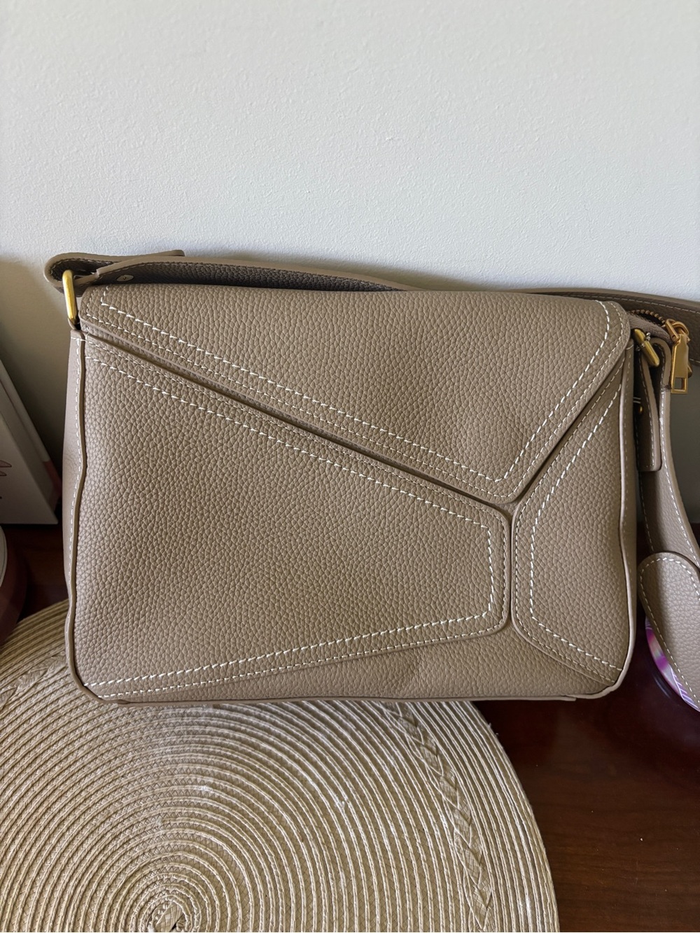 Taupe Leather Top-Handle Women's Bag - Picture 6 of 9
